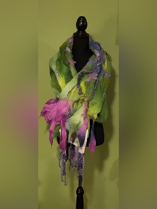 Artisan Accessories - Artisan Handmade Green & Pink Felted Wool Shawl Scarf